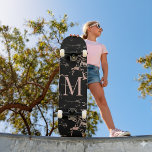 Girly Black Marble Rose Gold Foil Monogram Skateboard<br><div class="desc">Girly Black Marble Rose Gold Foil Monogram Skateboard with trendy coppery rose gold/pink on black marble and your custom monogram. Perfect for your girly,  luxury aesthetic.</div>