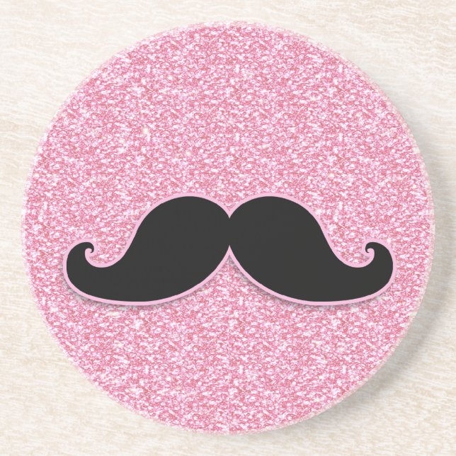 GIRLY BLACK MUSTACHE PINK GLITTER PRINTED COASTER (Front)