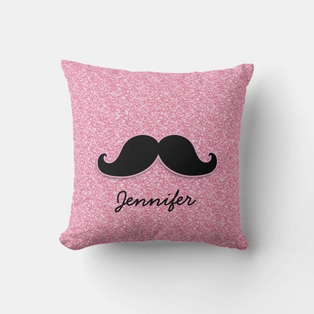 GIRLY BLACK MUSTACHE PINK GLITTER PRINTED CUSHION (Front)