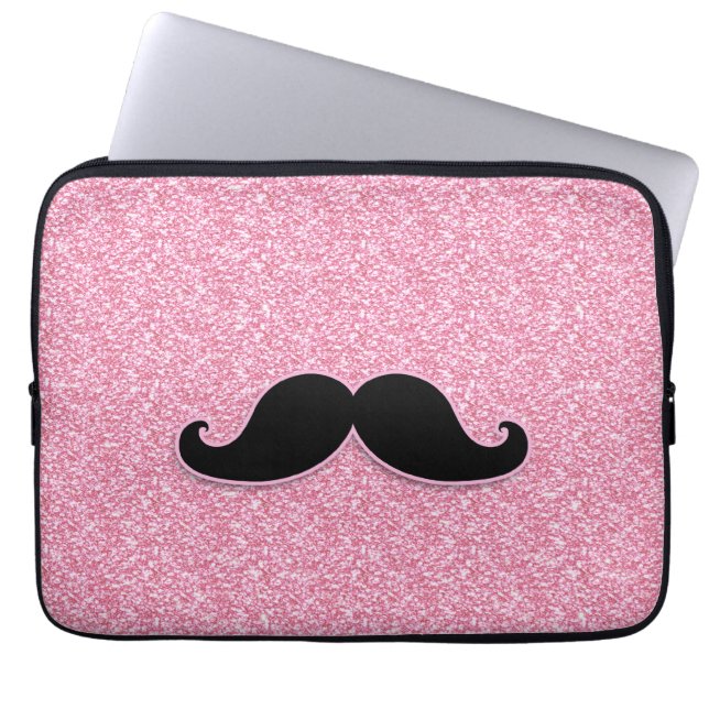 GIRLY BLACK MUSTACHE PINK GLITTER PRINTED LAPTOP SLEEVE (Front)