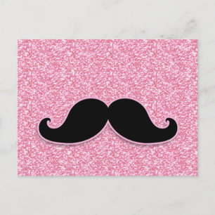 GIRLY BLACK MUSTACHE PINK GLITTER PRINTED POSTCARD