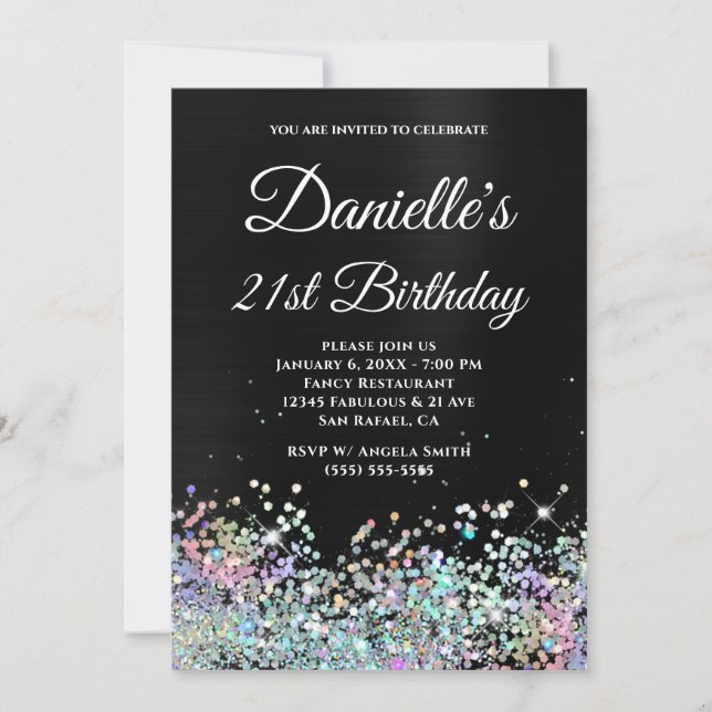 Girly Black Ombre Holo Glitter 21st Birthday Invitation (Front)