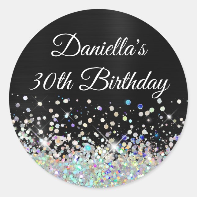 Girly Black Ombre Holo Glitter 30th Birthday Classic Round Sticker (Front)