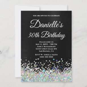 Girly Black Ombre Holo Glitter 30th Birthday Invitation