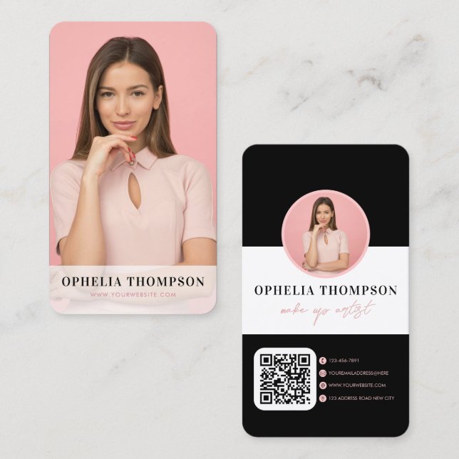 Girly Black Pink Typography Script QR code Business Card (Front/Back)