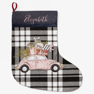 Girly Black Plaid Pink Car Monogrammed Large Christmas Stocking