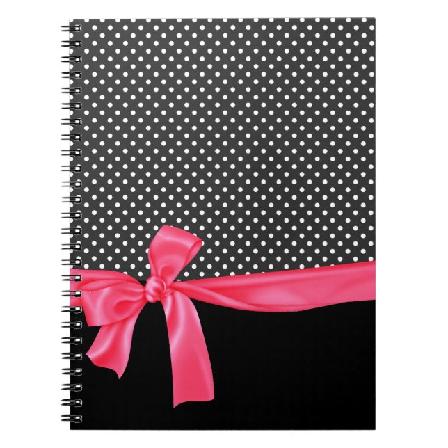 Girly Black Polka Dots & Neon Pink Bow Notebook (Front)