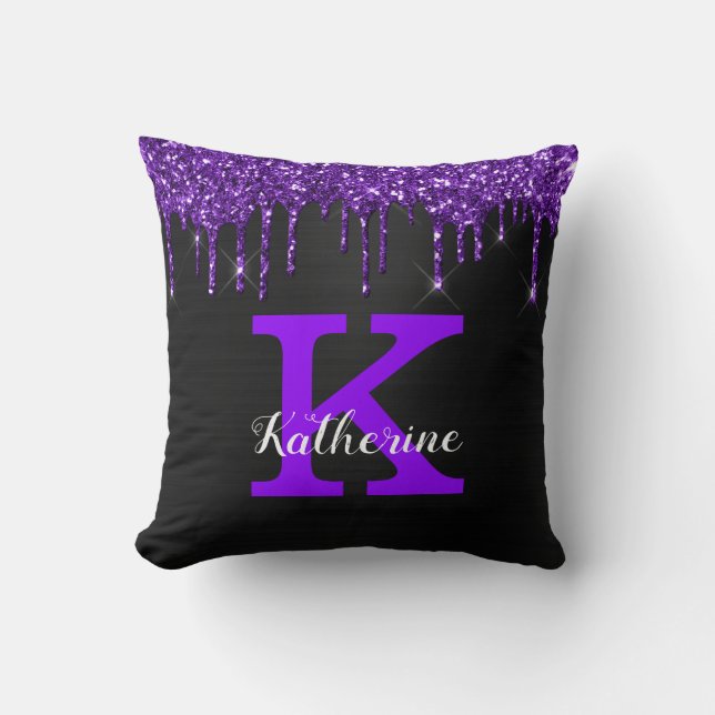 Girly Black Purple Glitter Drips Monogram Name Cushion (Front)