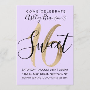 Girly Black Purple Gold Foil Sweet 16 Invitation