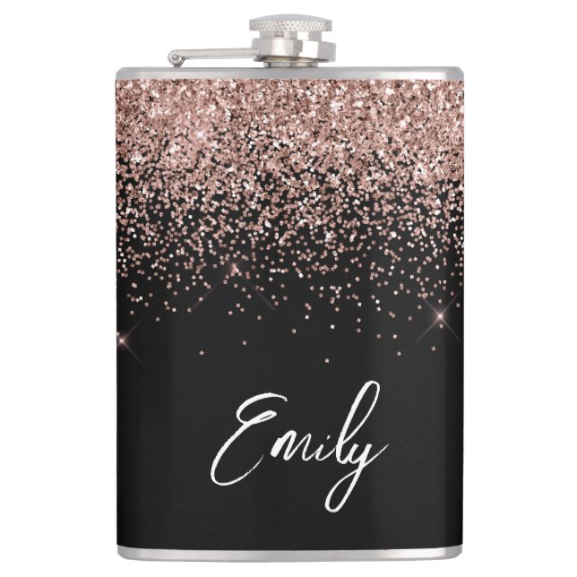 Girly Black Rose Gold Blush Pink Glitter Monogram Hip Flask (Front)
