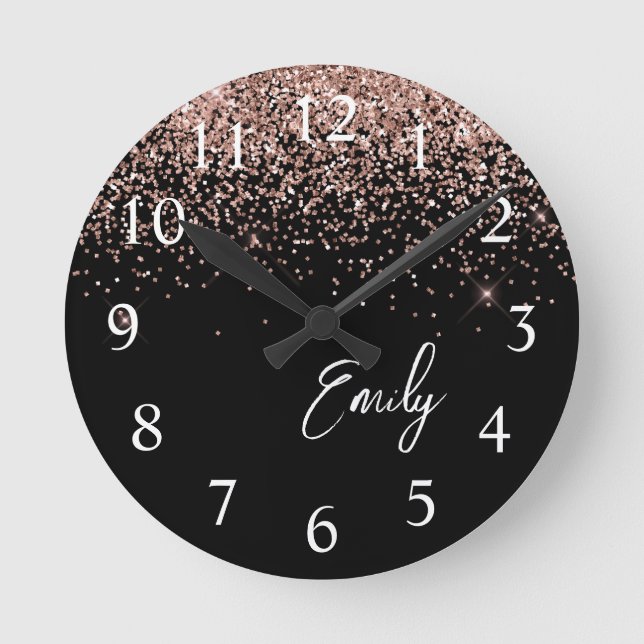 Girly Black Rose Gold Blush Pink Glitter Monogram Round Clock (Front)