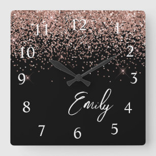 Girly Black Rose Gold Blush Pink Glitter Monogram Square Wall Clock