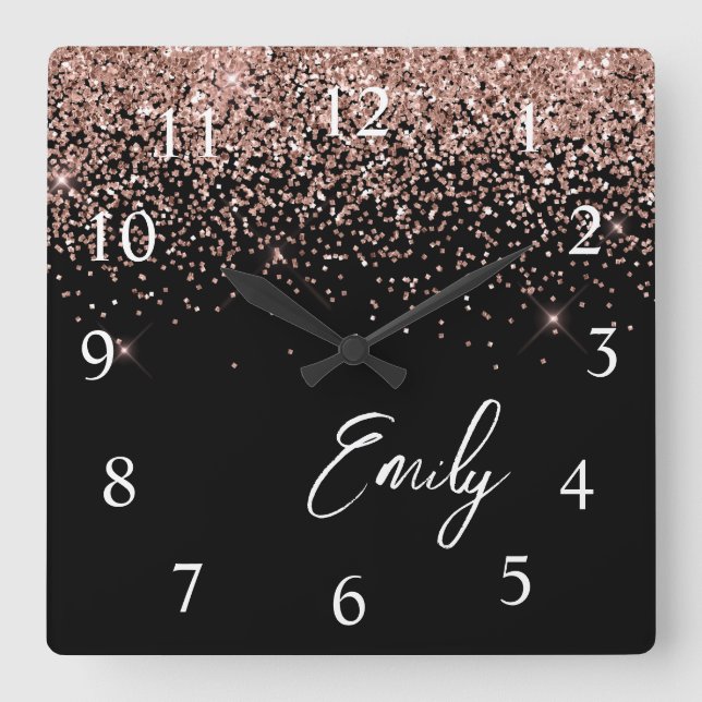 Girly Black Rose Gold Blush Pink Glitter Monogram Square Wall Clock (Front)