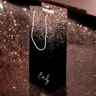 Girly Black Rose Gold Blush Pink Glitter Monogram Wine Gift Bag