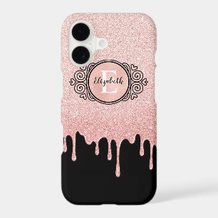 Girly Black Rose Gold Glitter Drips Monogram