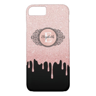 Girly Black Rose Gold Glitter Drips Monogram iPhone 8/7 Case