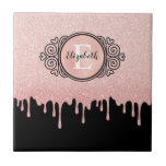 Girly Black Rose Gold Glitter Drips Monogram  Ceramic Tile<br><div class="desc">A girly black and rose gold glitter drips ceramic tile with an elegant scroll monogram. Personalise it for yourself or for a gift! Designed for you by Blackberry Boulevard.</div>