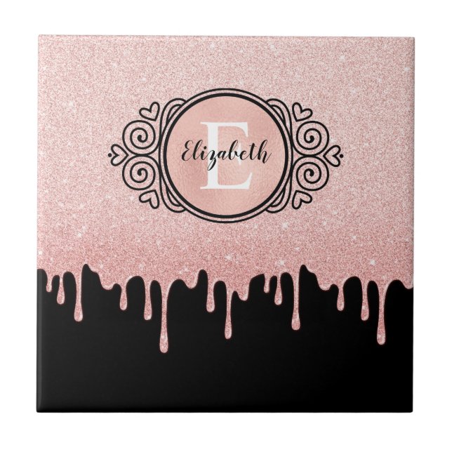 Girly Black Rose Gold Glitter Drips Monogram  Ceramic Tile (Front)