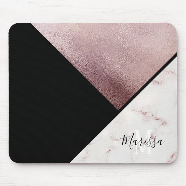 Girly Black & Rose Gold Marble Abstract Monogram Mouse Pad (Front)