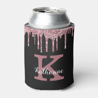 Girly Black Rose Gold Pink Drips Monogram Name Can Cooler