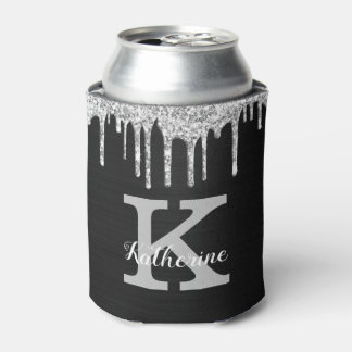 Girly Black Silver Glitter Drips Monogram Name Can Cooler