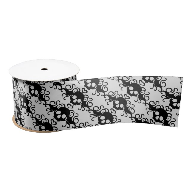 Girly black skulls and hearts on your colour choic satin ribbon (Spool)