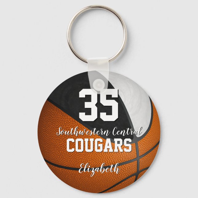 girly black white basketball school team colours key ring (Front)