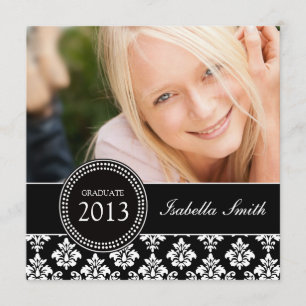GIRLY BLACK WHITE DAMASK GRADUATE PARTY INVITATION