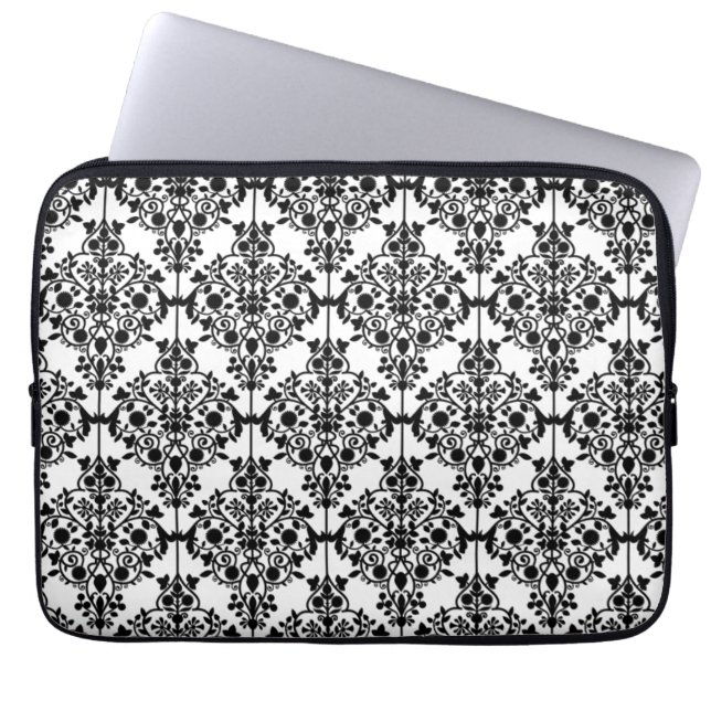 Girly Black WHite Floral Damask Pattern Laptop Sleeve (Front)