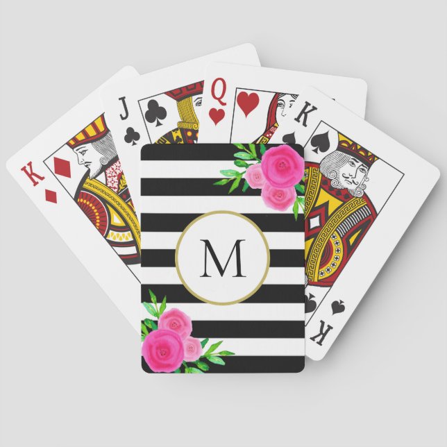 Girly Black White Striped Pink Floral Monogram Playing Cards (Back)