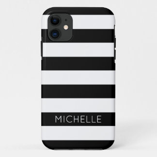 Girly Black White Stripes Custom Name Monogram iPhone 11 Case