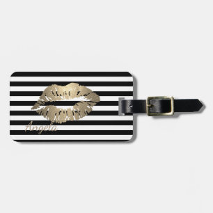 Girly, Black, White Stripes,Glittery Lips Luggage Tag