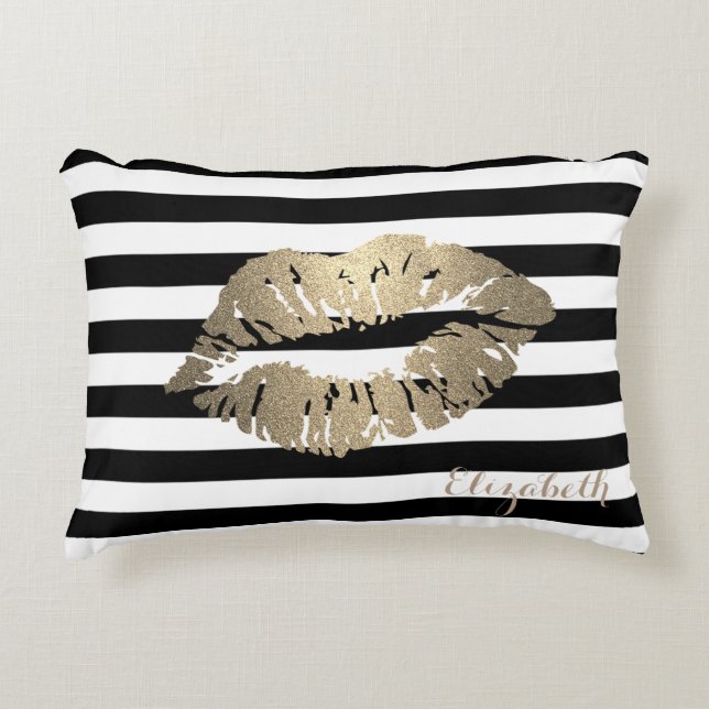 Girly Black White  Stripes ,Lips-Personalised Decorative Cushion (Front)