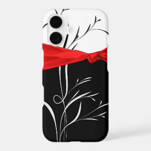 Girly Black, White Swirls Red Ribbon