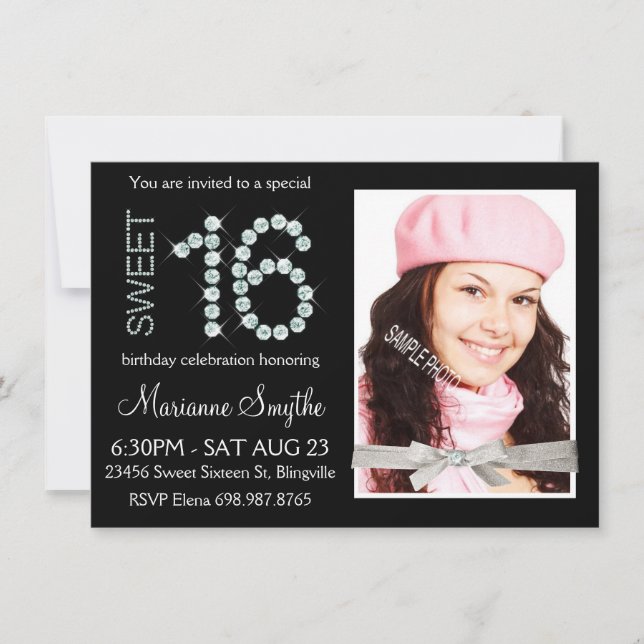 Girly Bling Diamond and Silver Glitter Sweet 16 Invitation (Front)