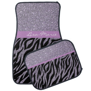 Girly Bling Purple Zebra Print Glitter Custom Name Car Mat