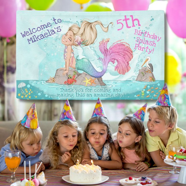 Girly Blonde Turquoise  Pink Mermaid Birthday Banner (Creator Uploaded)