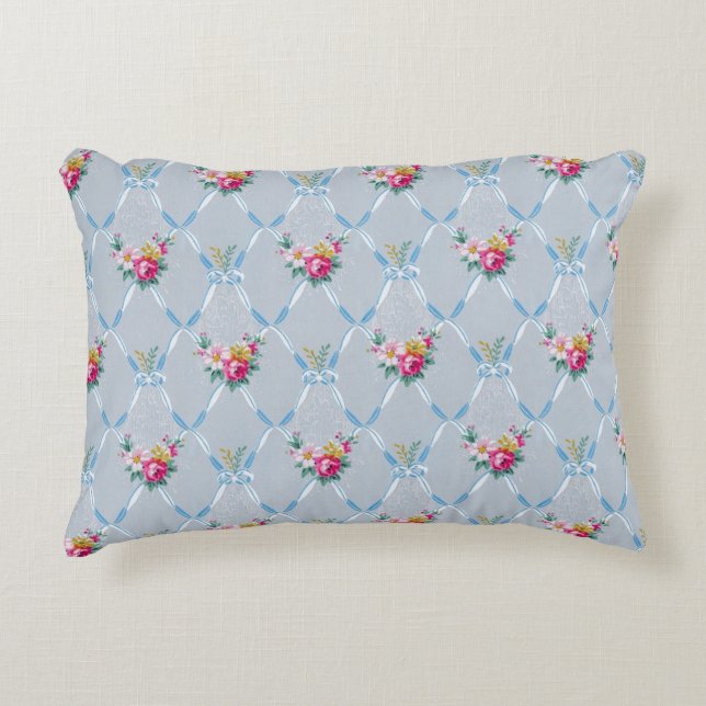 Girly Blue Bows Pretty Pink Rose Floral Pattern Decorative Cushion (Front)