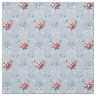 Girly Blue Bows Pretty Pink Rose Floral Pattern Fabric