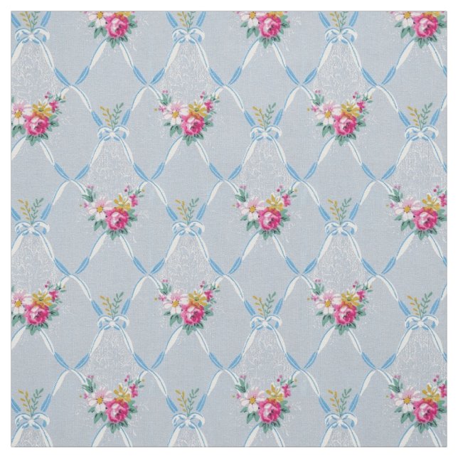 Girly Blue Bows Pretty Pink Rose Floral Pattern Fabric (Swatch)