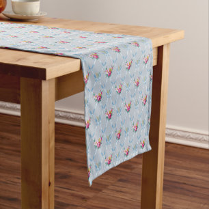 Girly Blue Bows Pretty Pink Rose Floral Pattern Short Table Runner