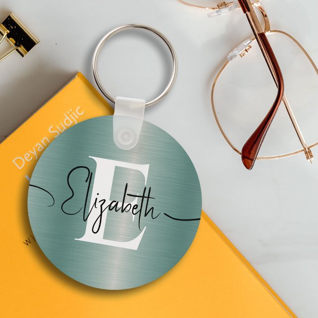 Girly Blue Brushed Metal Monogram and Script Name Key Ring (Creator Uploaded)