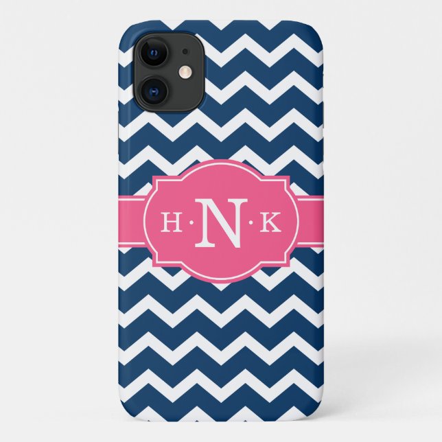 Girly Blue Chevron Pink Monogram Case-Mate iPhone Case (Back)