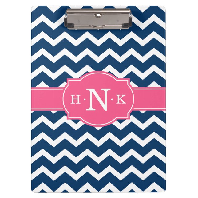 Girly Blue Chevron Pink Monogram Clipboard (Front)