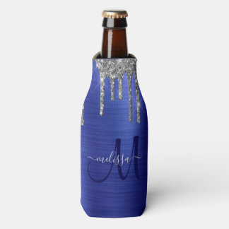 Girly Blue Dripping Glitter Brush Metal Monogram Bottle Cooler