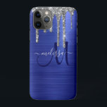 Girly Blue Dripping Glitter Brush Metal Monogram iPhone 11 Pro Case<br><div class="desc">Add a touch of glam to your cell phone with this elegant personalised phone case. This chic design template features a modern navy blue script monogram with a name in grey on a background of cobalt blue brushed metallic texture with a top border of faux silver dripping glitter. A unique...</div>