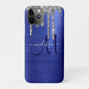 Girly Blue Dripping Glitter Brush Metal Monogram iPhone 11 Pro Case