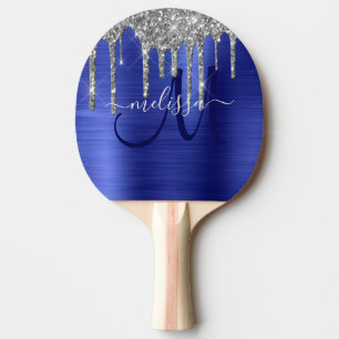 Girly Blue Dripping Glitter Brush Metal Monogram Ping Pong Paddle