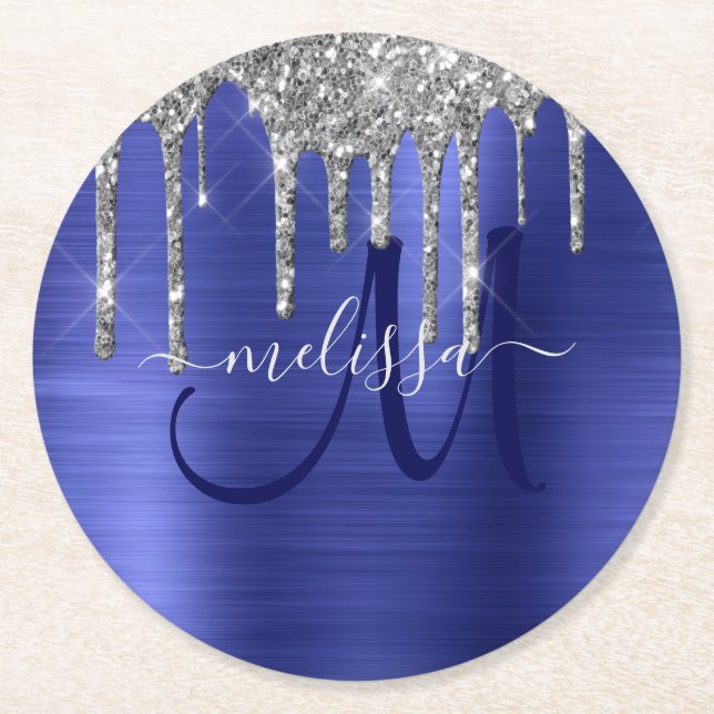 Girly Blue Dripping Glitter Brush Metal Monogram Round Paper Coaster (Front)