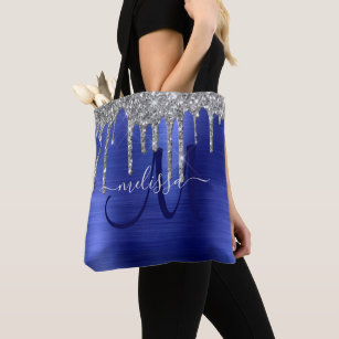Girly Blue Dripping Glitter Brush Metal Monogram Tote Bag